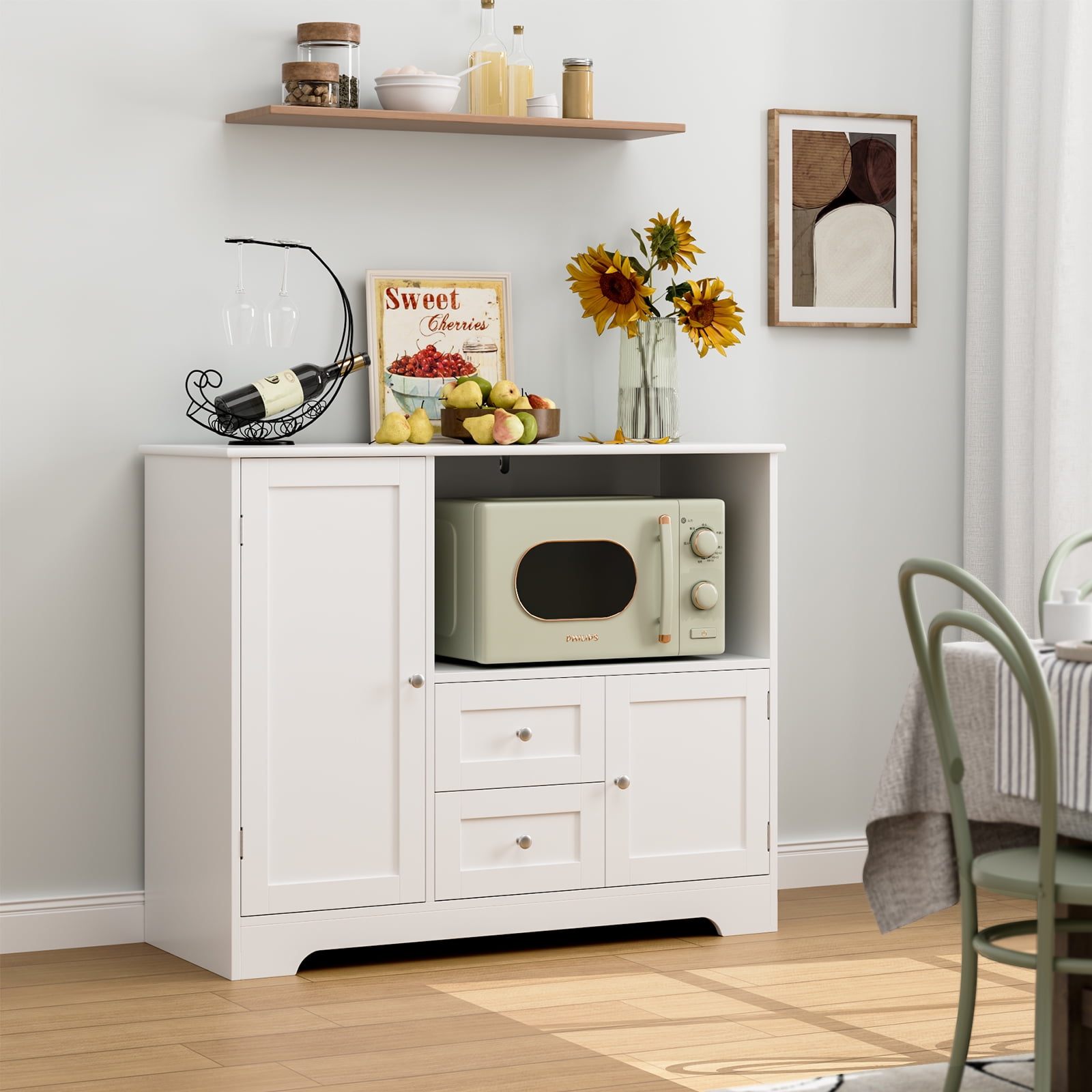 Homfa 40'' Kitchen Storage Cabinet, Buffet Cabinet Sideboard with  Drawers and Adjustable Shelves, Microwave Cabinet for Dining Room, White