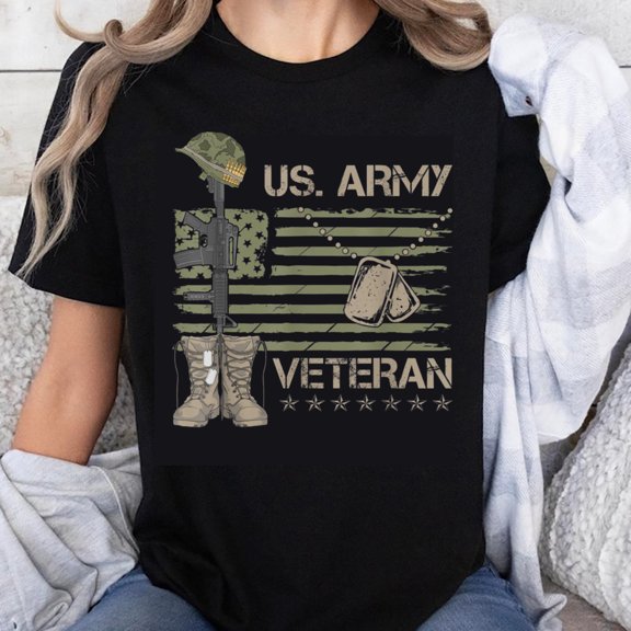 100% Cotton US Army Veteran T-Shirt Military Flag Camo Helmet Boots Dog Tags Graphic Tee for Men Women Veterans Day Gift