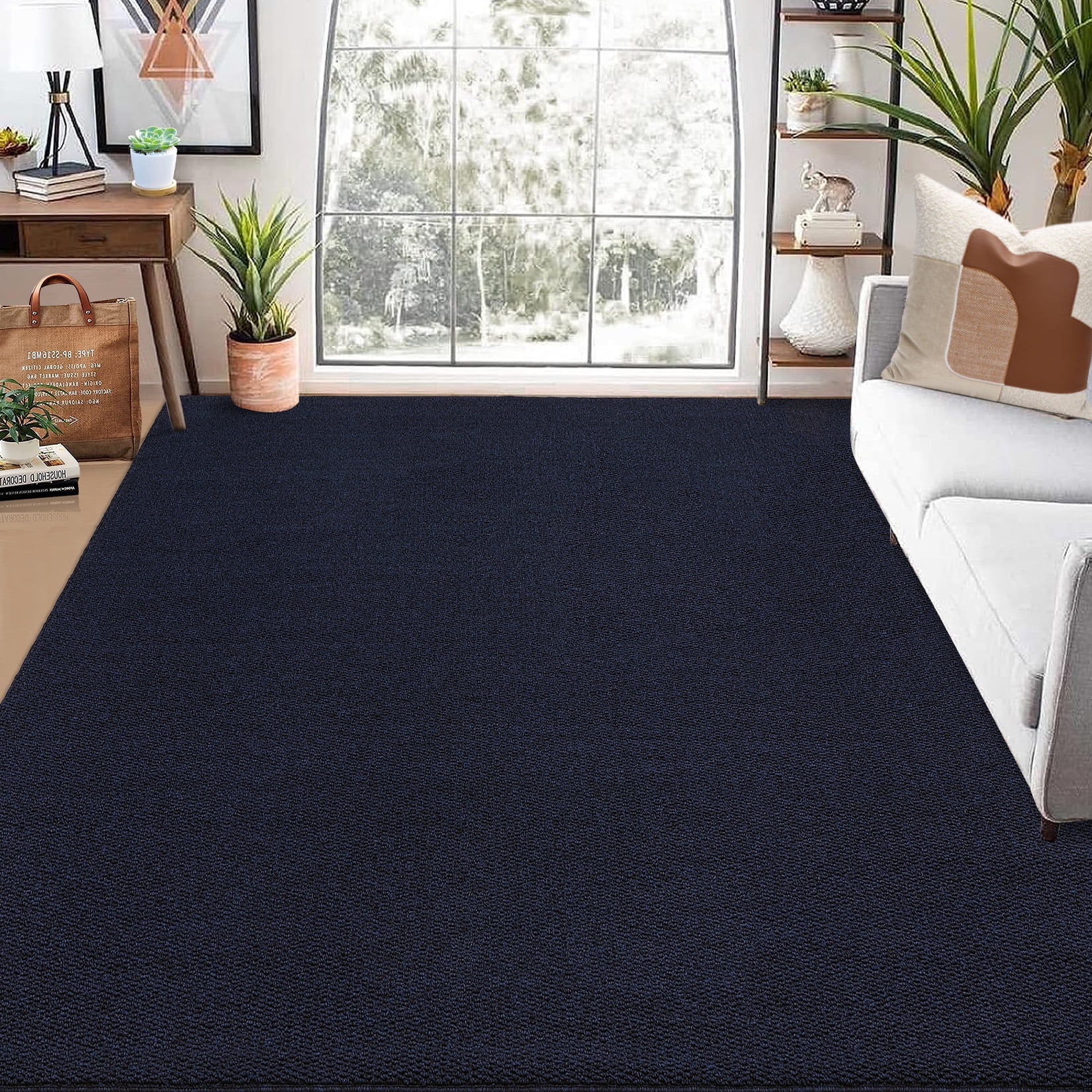 COZONY 10'x13' Washable Area Rug, Modern Textured Low-Pile Polypropylene Carpet, Stain Resistant Non-Slip Solid Accent Rug for Extra Large Living Room, Navy Blue