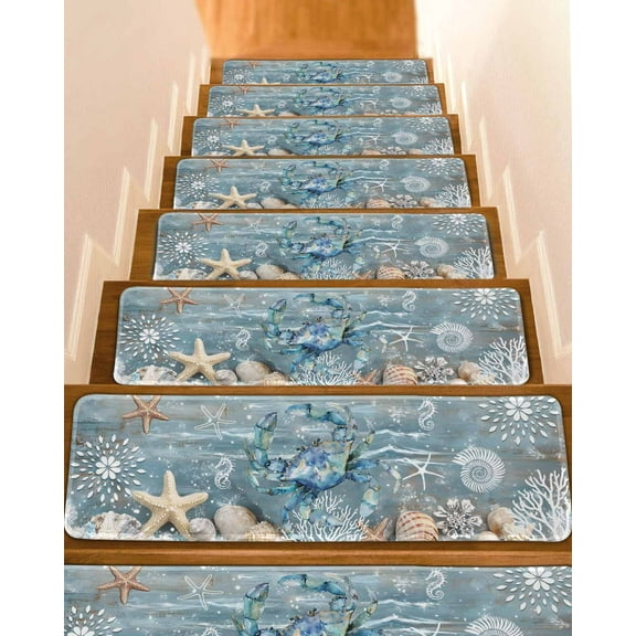 Teal Coastal Crab Stair Treads for Wooden Steps Indoor Runner Rug Carpet, Nautical Starfish Coral Summer 7 Pieces Peel and Stick Staircase Step Treads Covers Washable Throw Door Mats, 30"x8"
