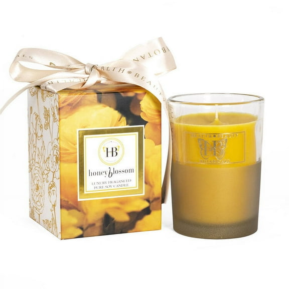 HB HEALTH BEAUTY BOTANICALS /Honey Blossom Fragrance/7.5 Oz/Luxury Scented Soy Candle/Frosted Gold Glass Jar /Hand Poured/Highly Scented/Clean Burn/Gold Embossed Gift Box/Clean Cotton Wick/Lead Free