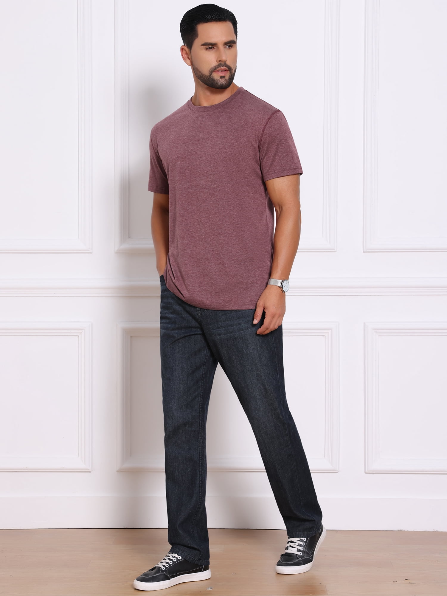 DARING DIVA Men's Crew Neck Short Sleeve Solid Color Retro Style T-Shirt XL Burgundy
