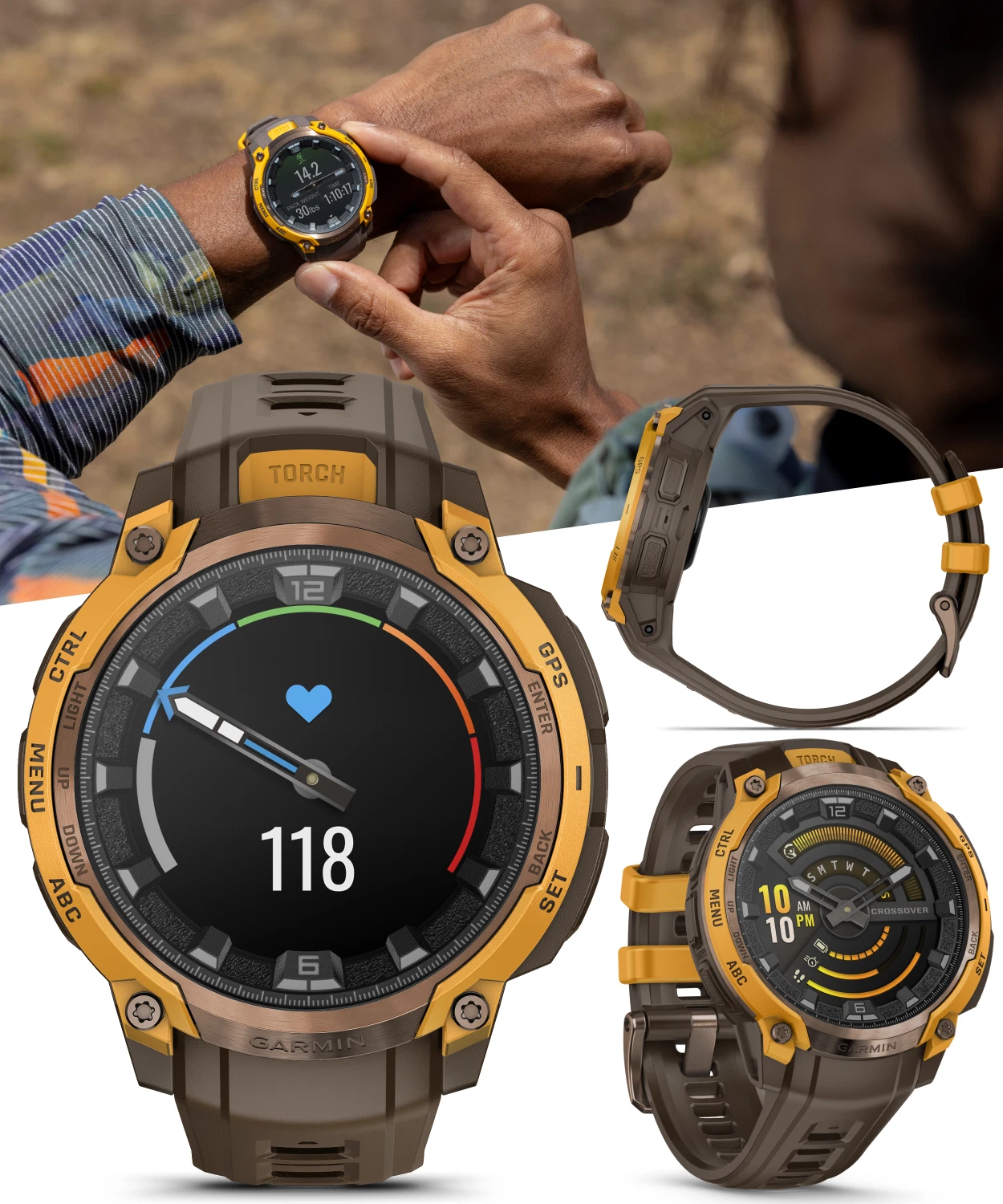 Garmin Instinct Crossover AMOLED Sapphire Rugged Hybrid GPS Smartwatch, Analog Hands, Bronze/Sunburst & Cocoa w/ Wearable4U PowerBank Bundle