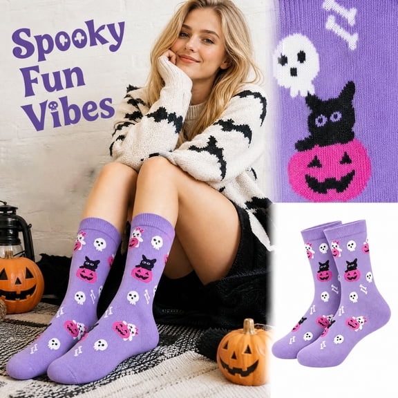 Womens Halloween Novelty Socks, Cute Patterned Crew Socks Soft Breathable Cotton Casual Dress Socks for Teens Spooky Boo Basket Stuffers One Size