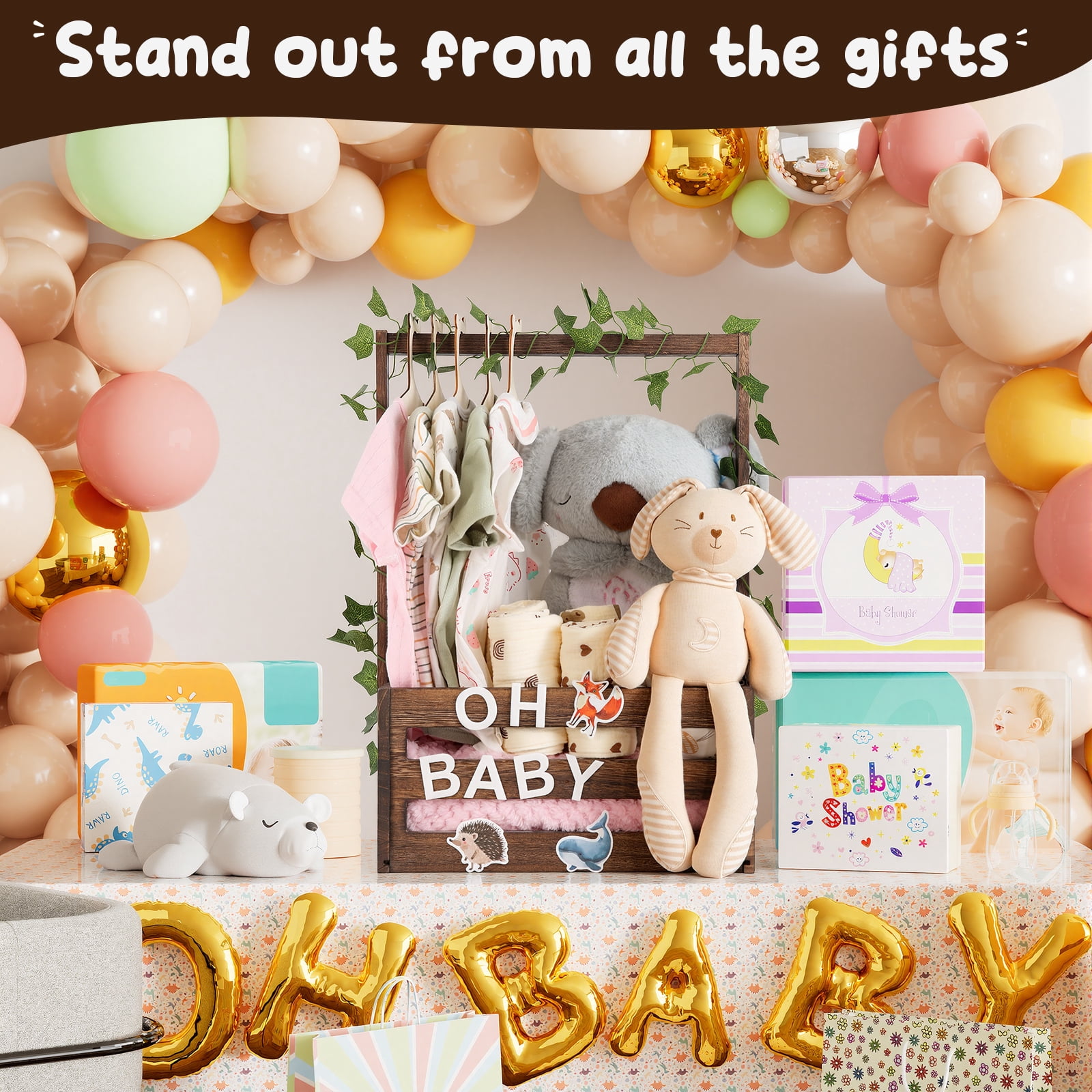 TeSabMi Baby Shower Gift Basket, Wooden Crate with Personalized Letters and Clothes Hangers, Newborn Gift Set (Brown)