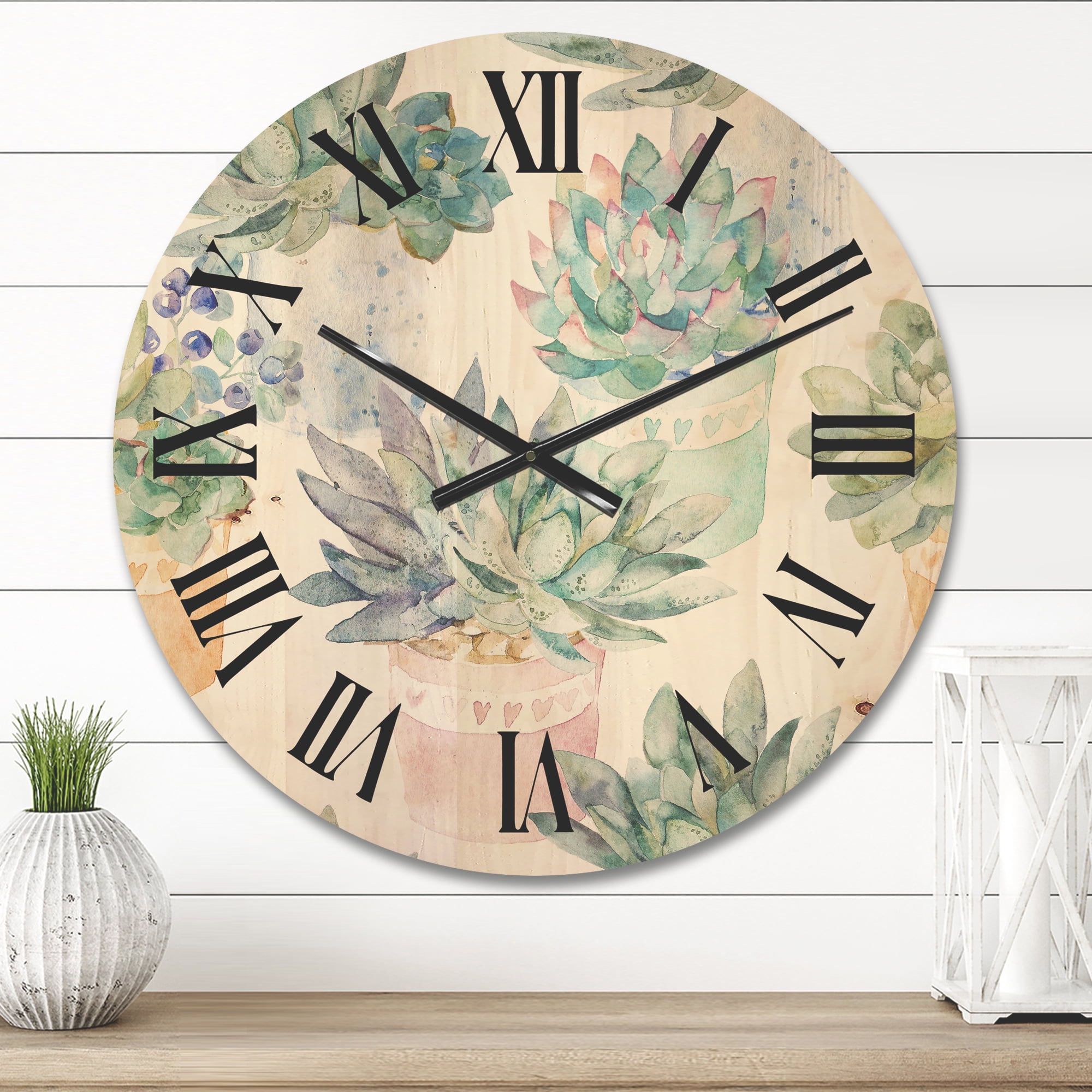 Designart 'Pastel Toned Succulent Housplants in Flowerpots' Traditional Wood Wall Clock