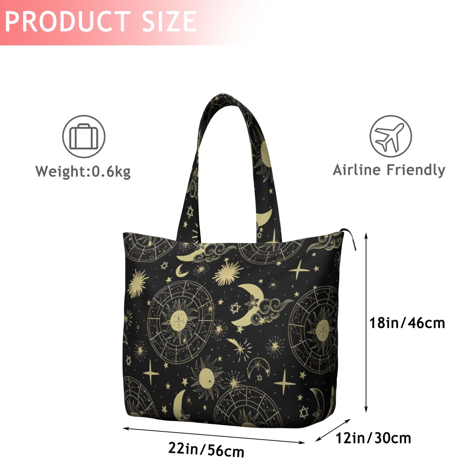 Black Gold Sun Moon Star Pattern Travel Tote Bags for Women Carry On,Large Weekender Bags for Women Travel,Multi Functional Duffle Bag for Work,Shopping,Sports