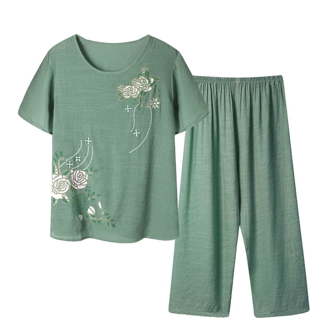 Pantalones de Mujer Traje de Verano Impreso de Manga Corta Cuello Redondo Top & Shorts Set, Delgado Y Casual de las Mujeres Pantalones Casuales