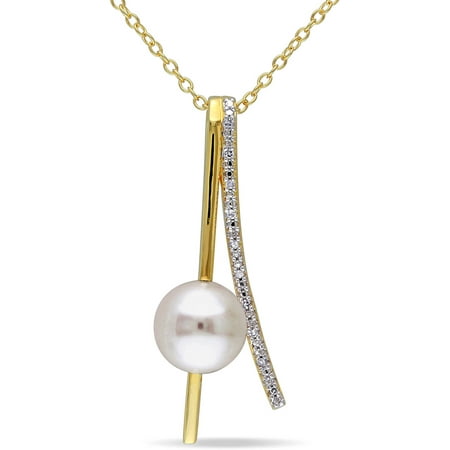 Miabella 8-8.5mm White Round Cultured Freshwater Pearl and Diamond-Accent Yellow Rhodium-Plated Sterling Silver Journey Pendant, 18