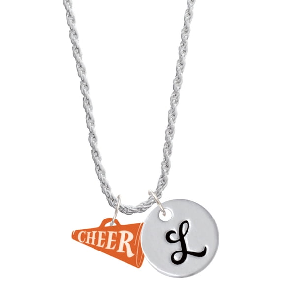 Delight Jewelry Acrylic 3/4" Orange Cheer Megaphone Silvertone Script Initial Disc - L - Charm Necklace, 20"+3"