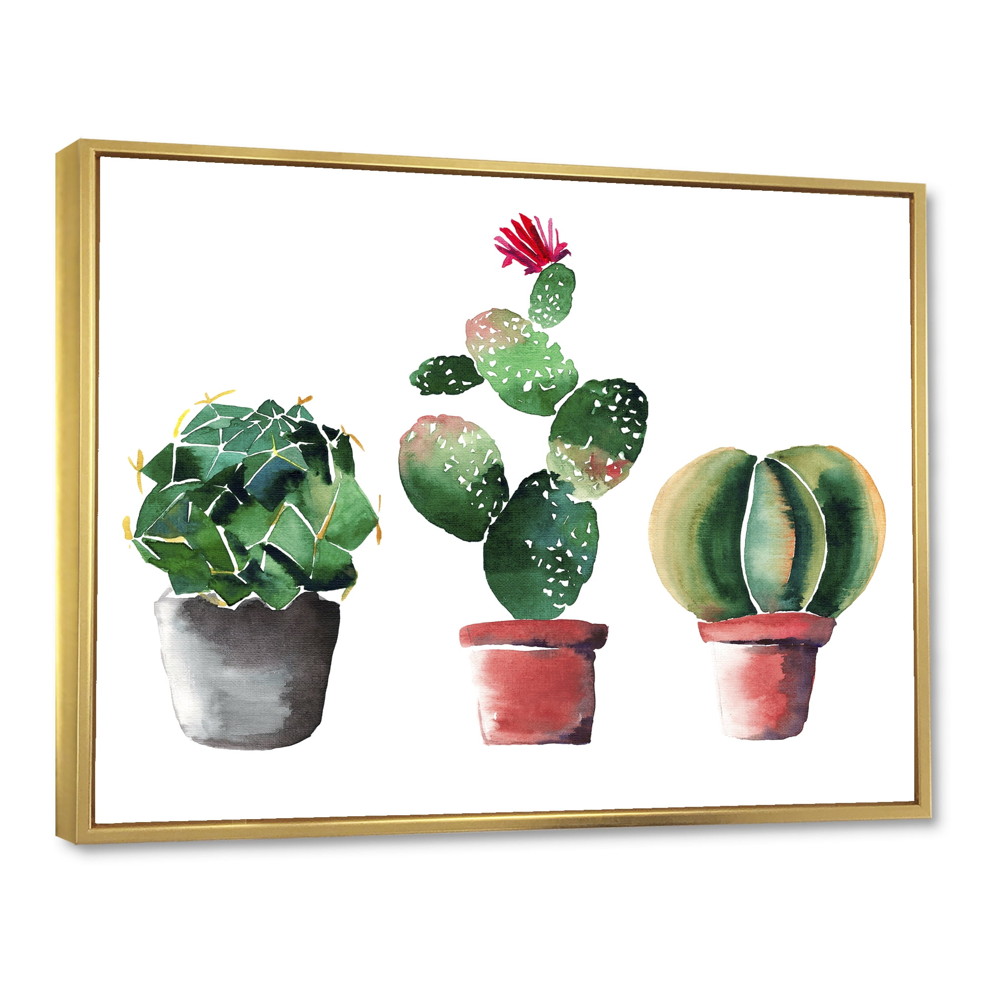 Three Cacti In Clay Pots On White 32 in x 24 in Framed Painting Canvas Art Print, by Designart