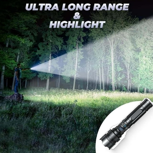 Super Bright Tactical Flashlight - 2025 Upgrade 10000 Lumens LED Zoomable Torch - Digital Display & Waterproof - Long Range Focus for Camping/Emergency (2-Pack)