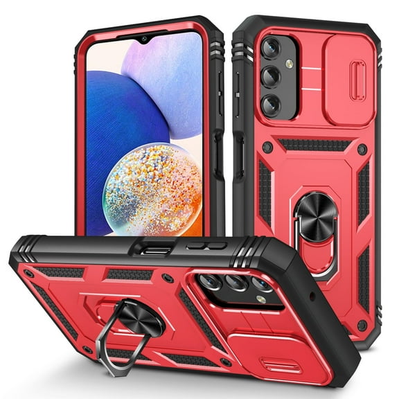 Military Grade Drop Impact for Samsung Galaxy S24 Camera Lens Slide Protection Case 360 Metal Rotating Ring Kickstand Holder Armor Shockproof Case For Samsung Galaxy S24, Red Black