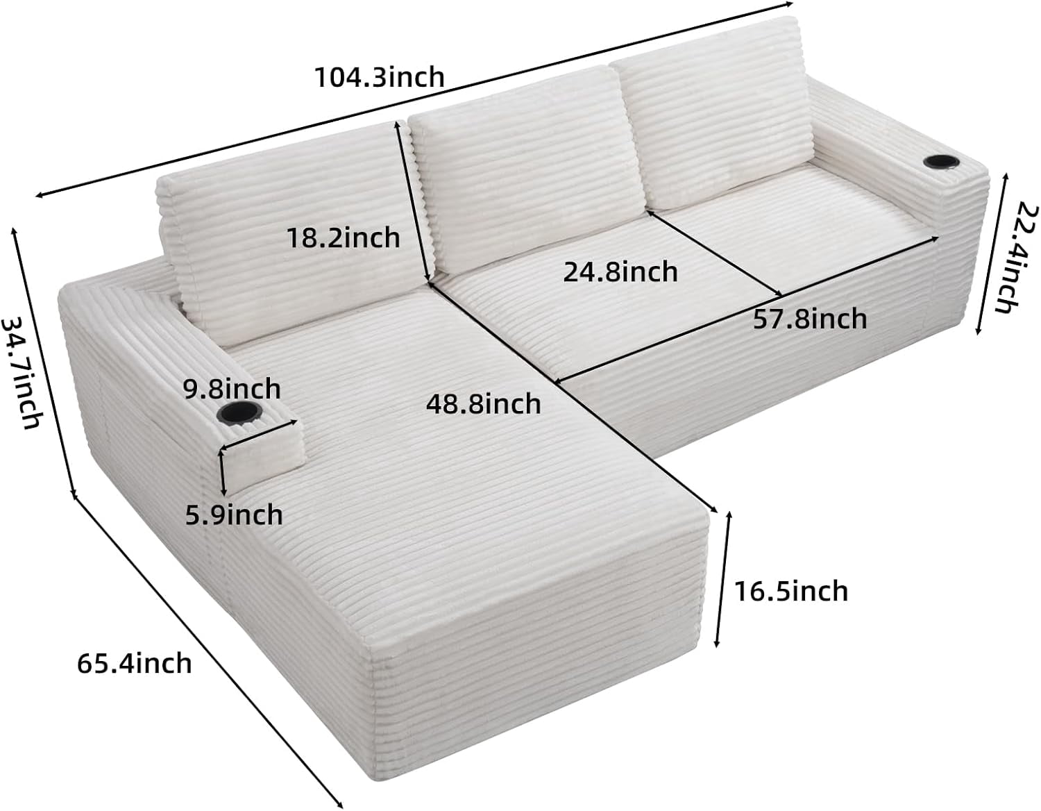 104" Cloud Modular Sectional Sofa, Corduroy Boneless L-Shape Chaise Couch with Deep Seat for Living Room Bedroom, No Assembly Required