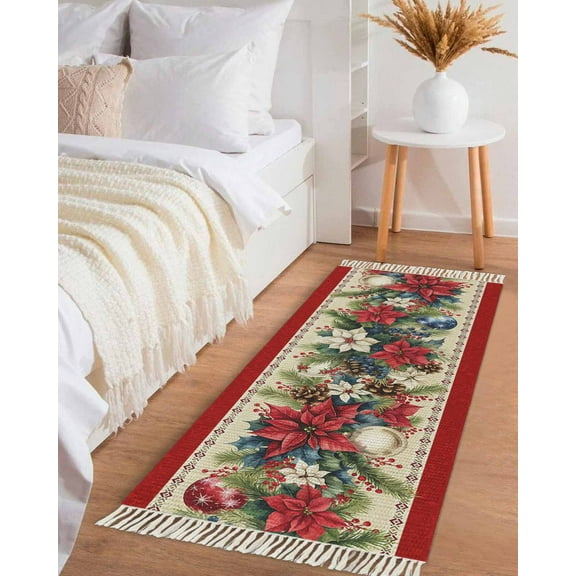Red Christmas Hallway Runner Rug 2x5ft,Xmas Botanical Poinsettia Blue Balls Washable Woven Living Room Bedroom Kitchen Bathroom Carpet with Tassels,Indoor Outdoor Throw Door Mat for Entryway