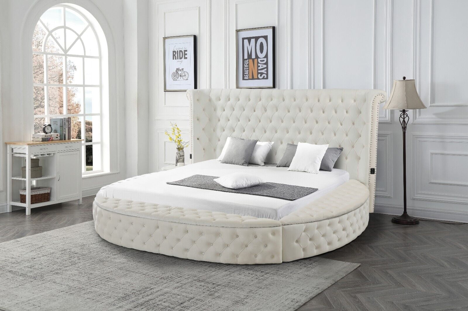 Modern 1pc Cream Velvet Upholstery Storage Queen Size Round Bed w