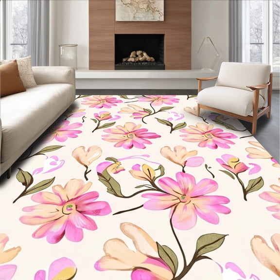 Flatwoven High Traffic Area Rug, Delicate Watercolor Blossom Interwoven Design, Non Slip, Stain Resistant, Washable Area Rugs for Living Room, Bedroom(Beige, 4X6)