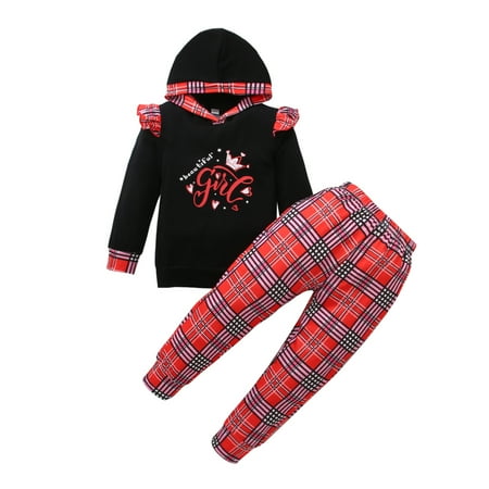 

Baby Hooded Sweater + Trousers Plaid Pattern Printing Elastic Waist