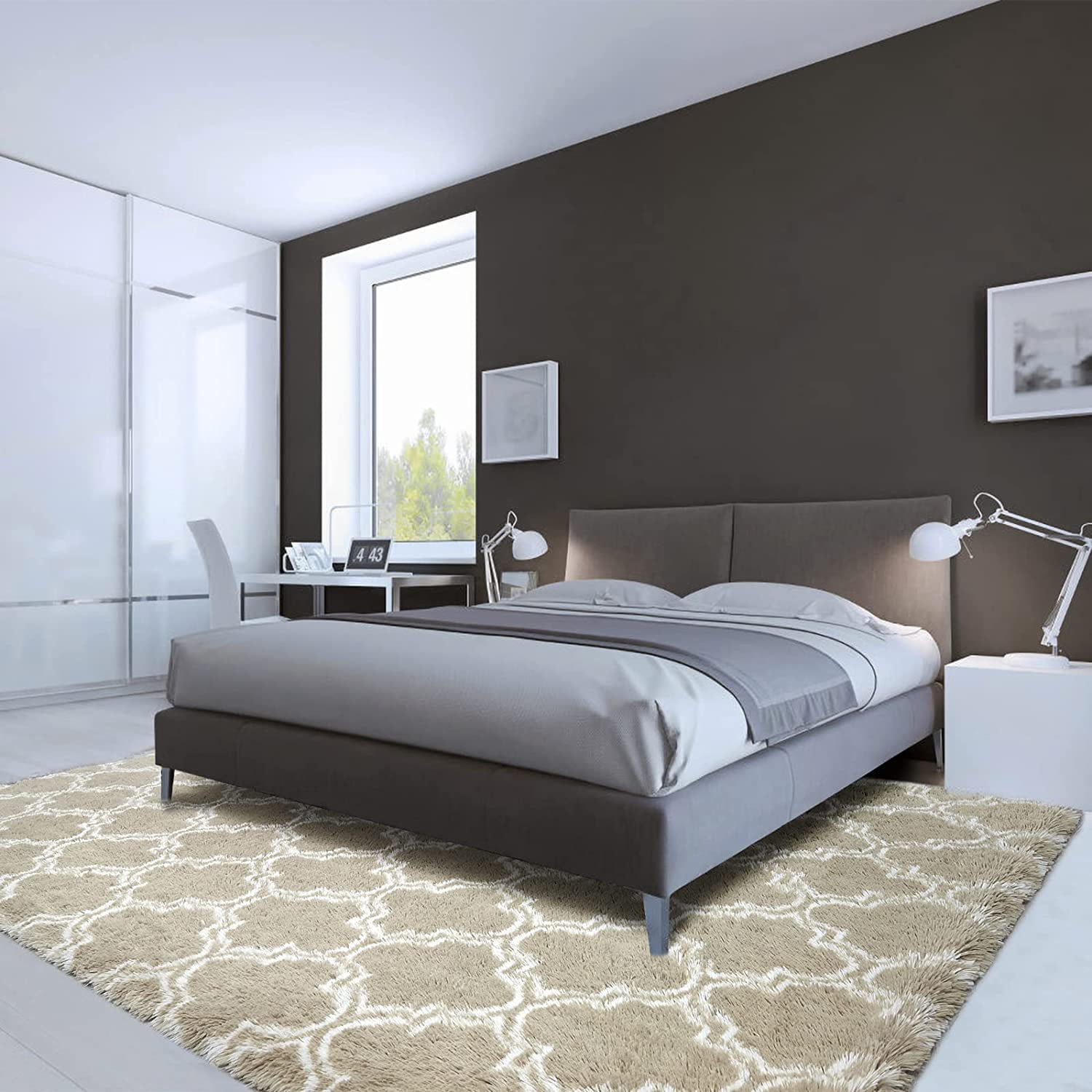Lochas Shag Area Rug Geometric Plush Fluffy Rugs Soft Moroccan Carpet for Bedroom Living Room Floor Mat Home Decor,8x10ft,Beige/White