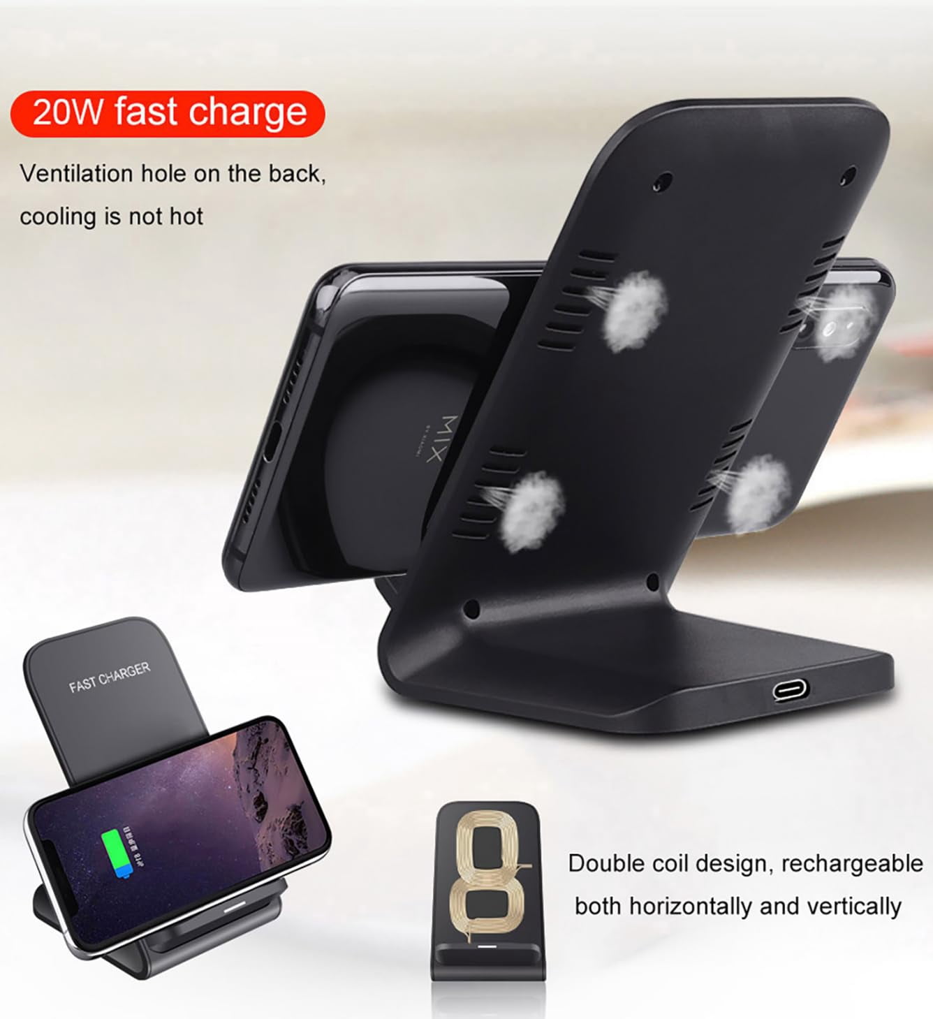 panningbo 20W Fast Wireless Charging Stand with QC3.0 Adapter for Samsung Galaxy S24 S23 S22 S21 iPhone 15 14, Qi Certified Dual Coil Phone Charger, LED Indicator