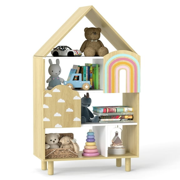 Gymax House-Shaped Kids Bookshelf 4-Tier Toy Storage Organizer w/ Open Compartments