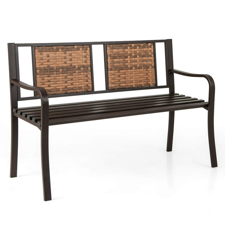 Costway Patio Garden Bench Steel Frame Rattan Backrest Park Yard