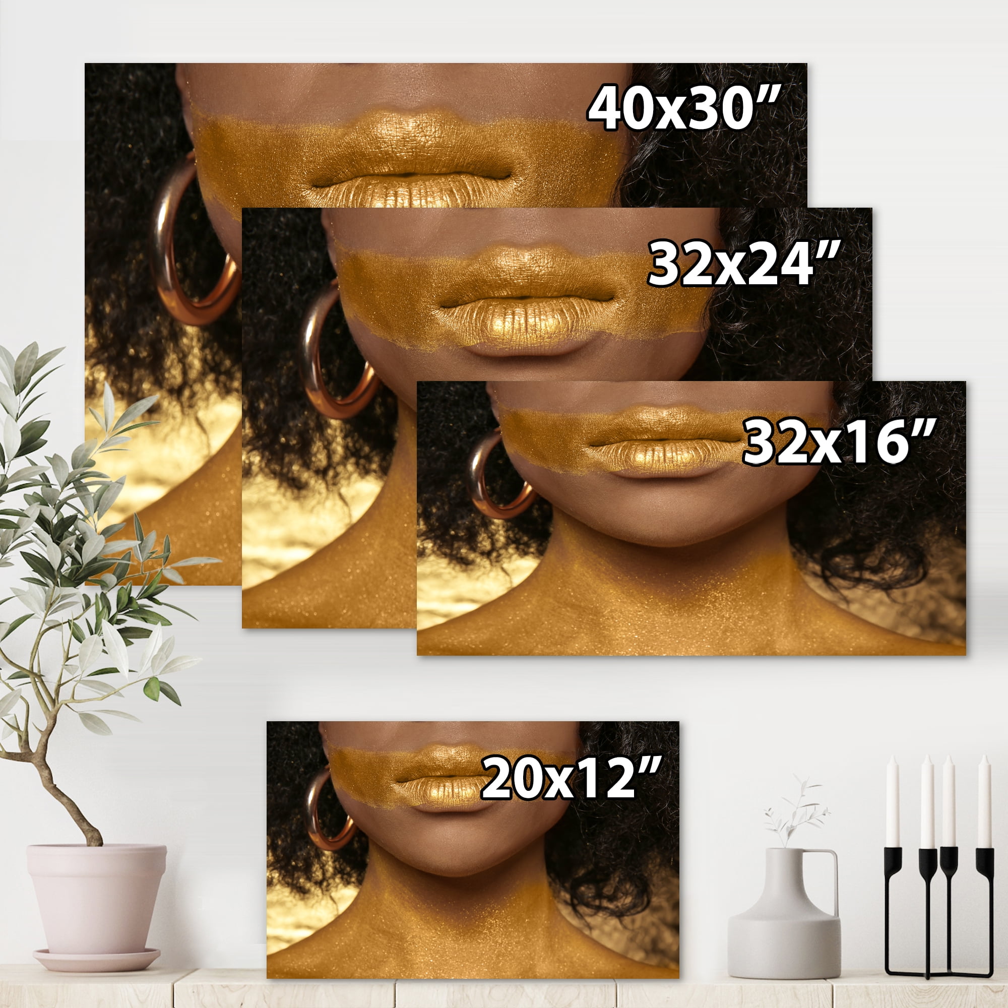 Designart ' Afro American Girl With Golden Paint on Body ' Modern Canvas Wall Art Print