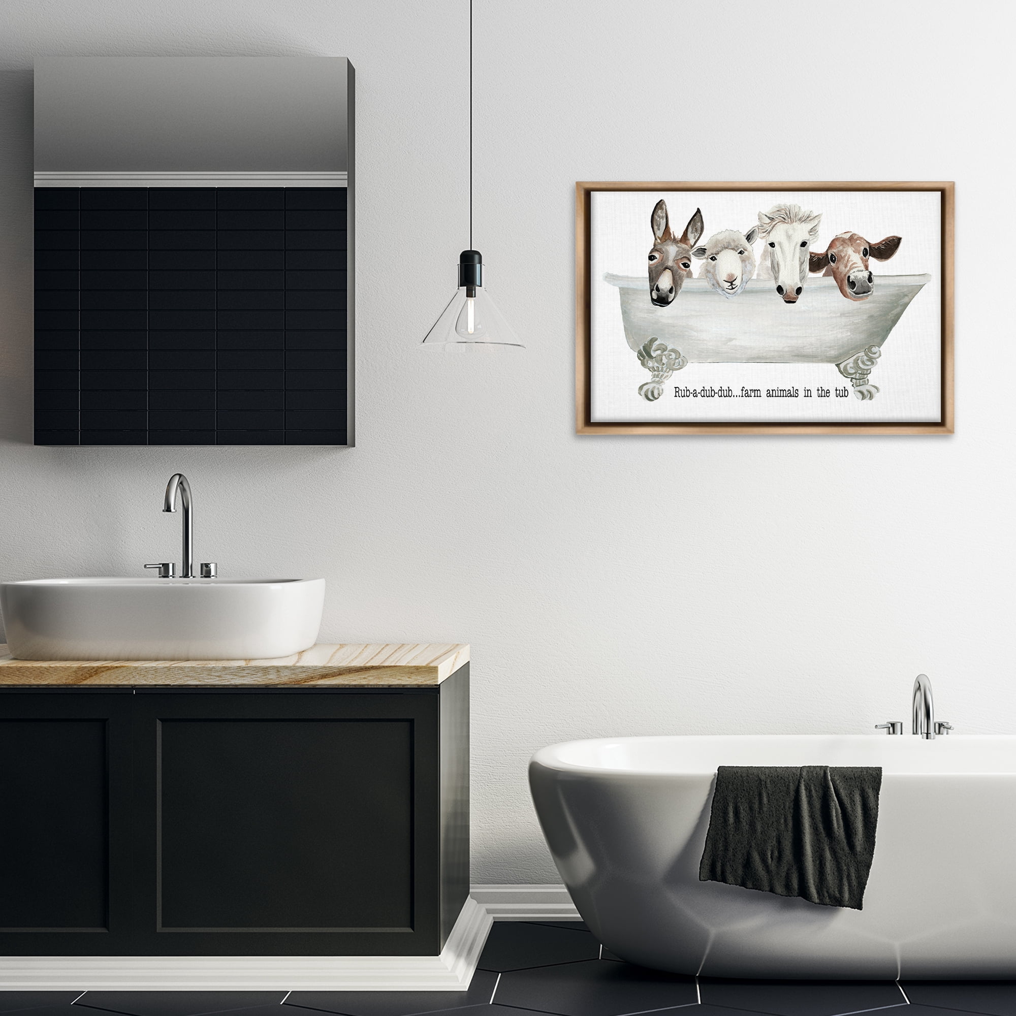 Stupell Industries Farm Animals Tub Bath & Laundry Painting Brown Floater Framed Canvas Art Print Wall Art, 31 x 21