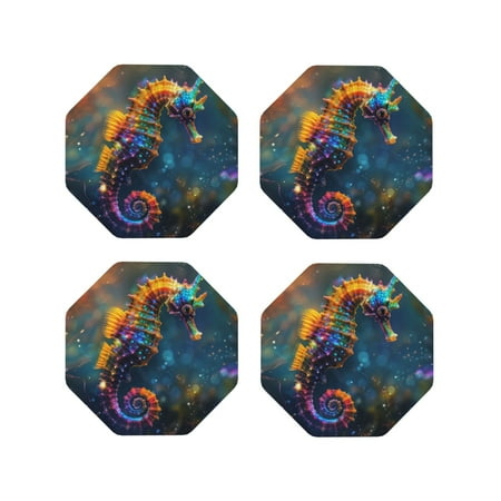 

Tebeau Neon Seahorse Underwater Realm Print Set of 4 Leather Drink Coasters Round Cup Mat Pad for Home and Kitchen Use 4 -Octagon