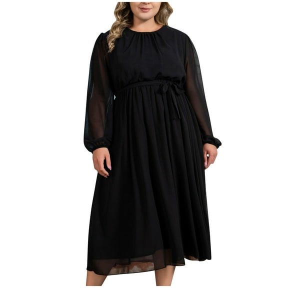 Diufon Womens Plus Size Chiffon Dress Solid Color Midi Dresses Round Neck Long Sleeve Dress