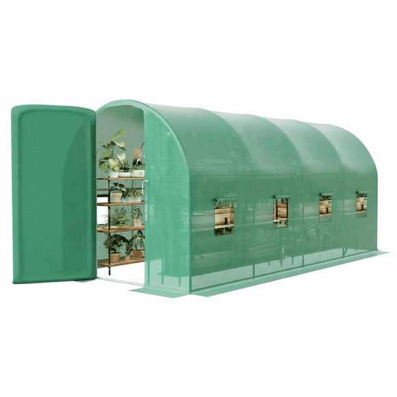 Garvee Walk-in Tunnel Greenhouse, 15 x 6.5 x 6.5 ft, with 8 Vents & 1 Swing Door, Green