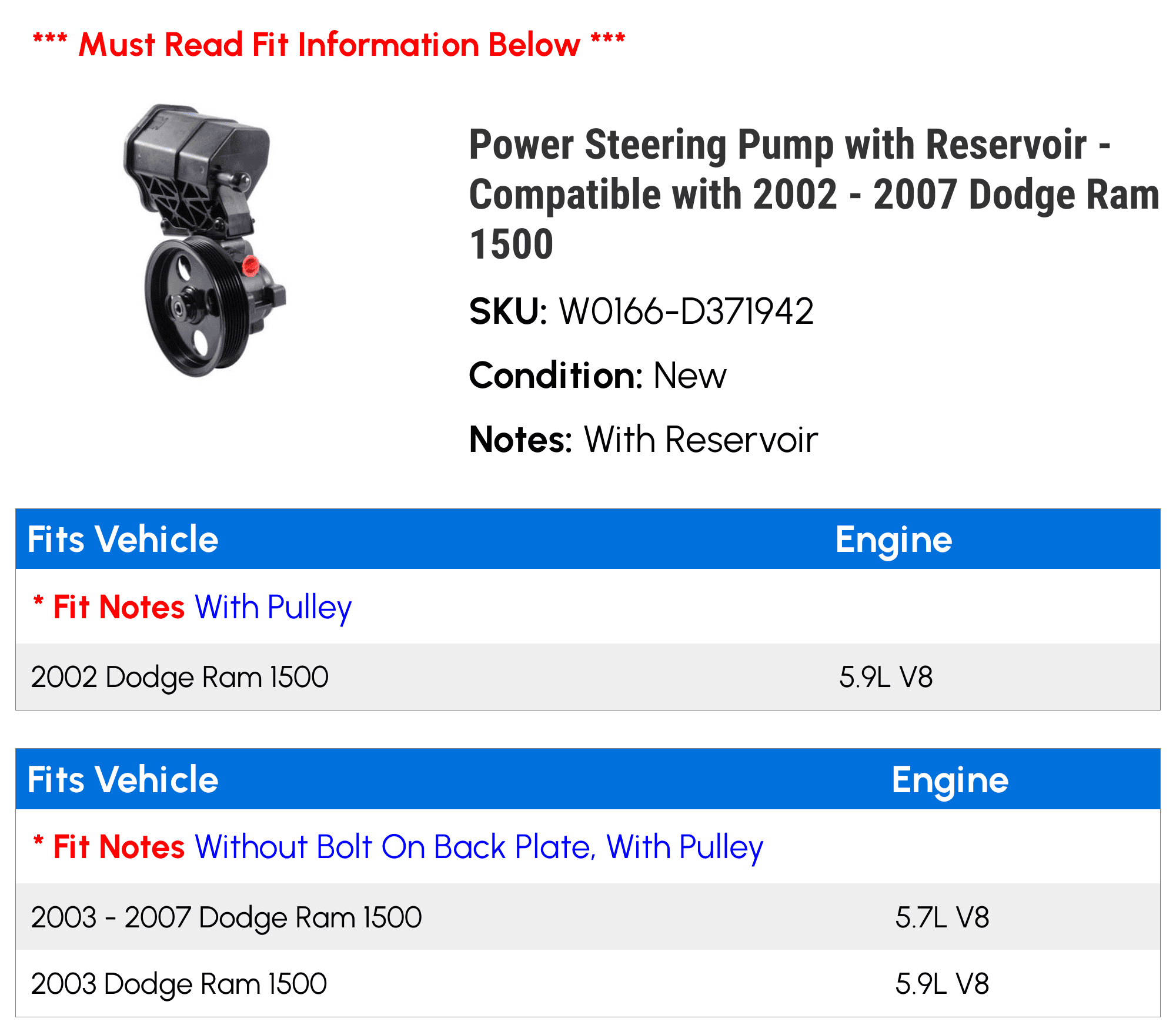 Power Steering Pump with Reservoir - Compatible with 2002 - 2007 Dodge Ram 1500 2003 2004 2005 2006