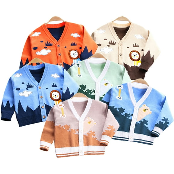 CSChome Fall Winter Boys Girls Warm Knit Sweater for Kids Toddler V-Neck Cardigan Jacket Baby Embroidery Knit Tops Sweaters for 2-8 Years Old