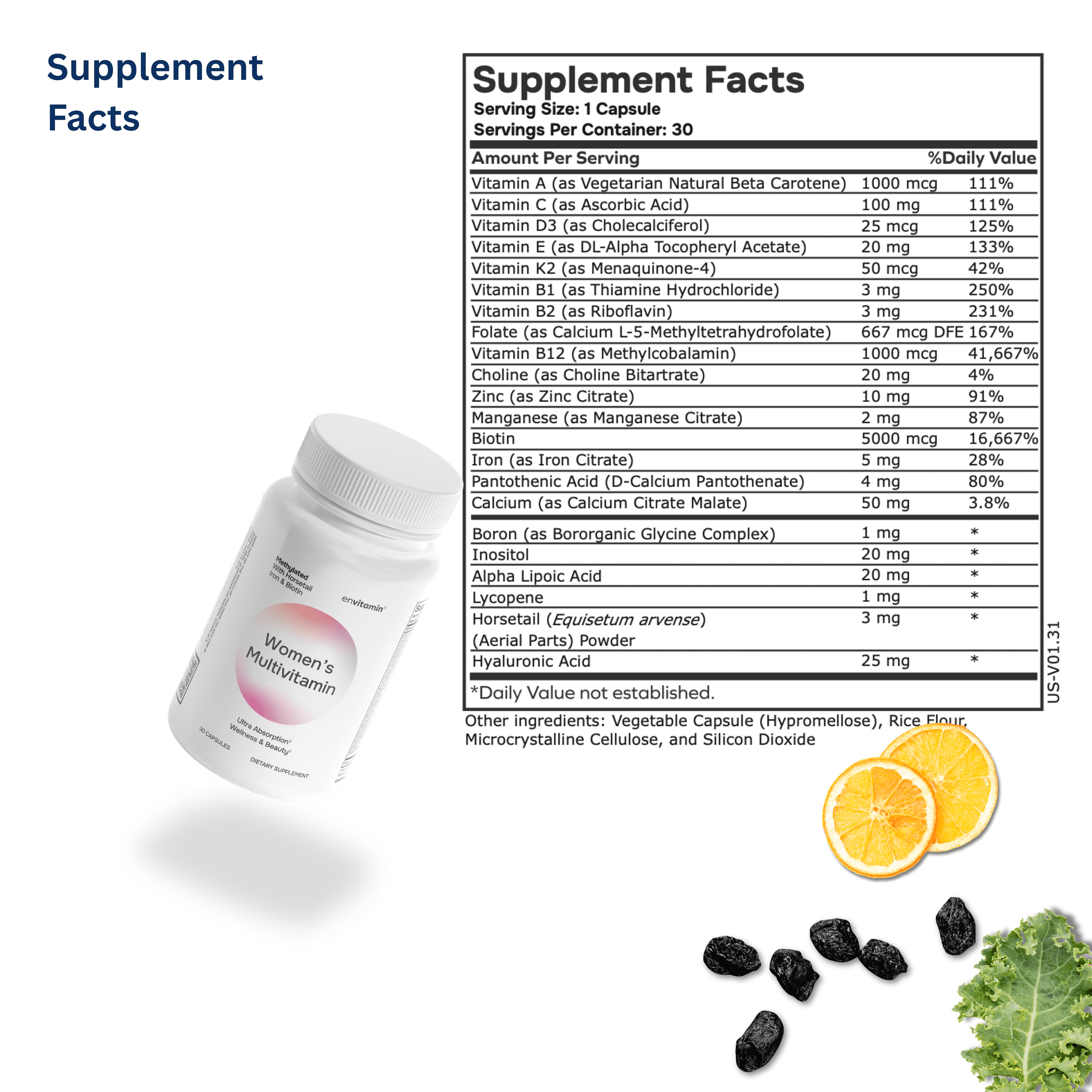 Womens Methylated Multivitamin Multimineral Horsetail, Iron, Biotin Complex with L Methylfolate for Ultra Absorption