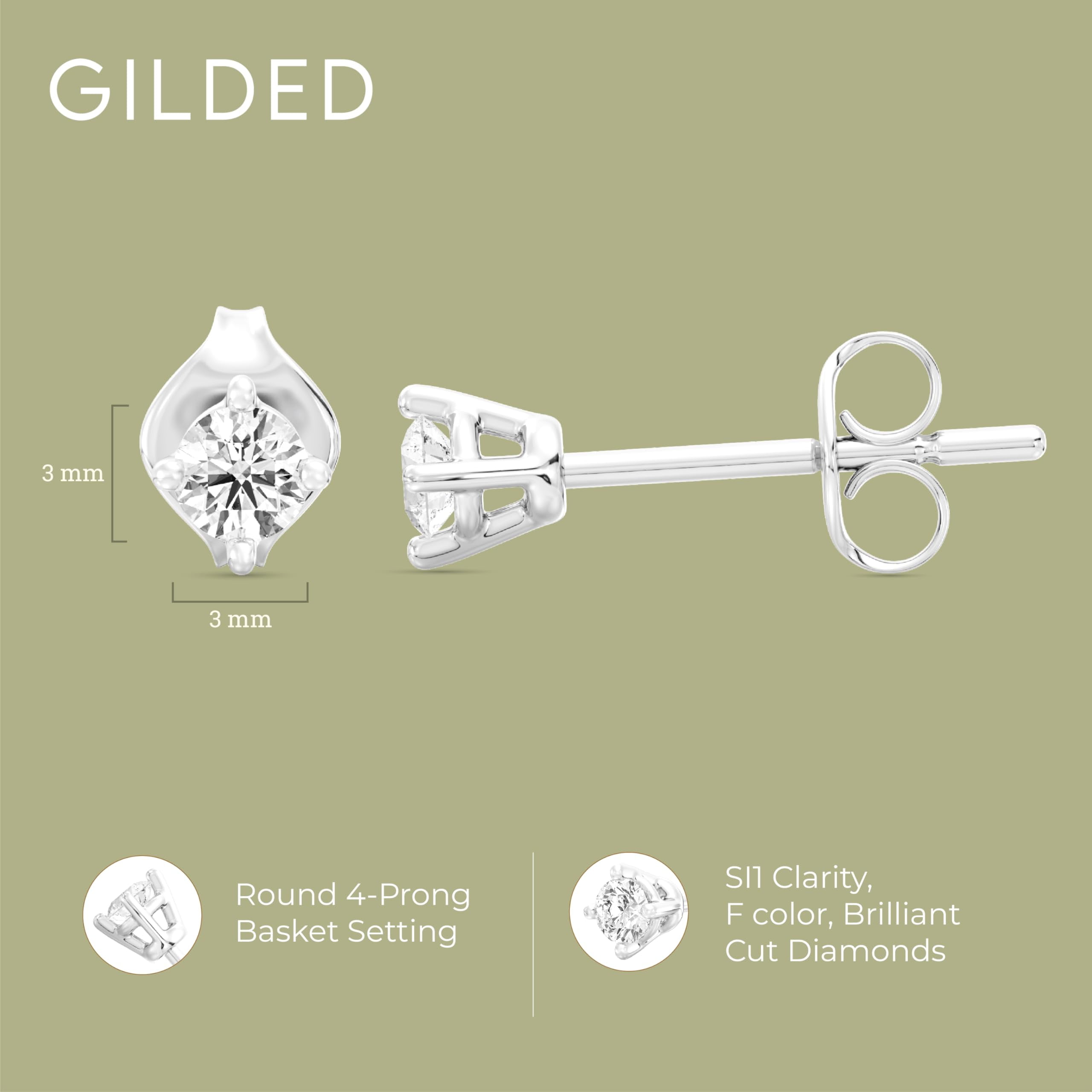 Gilded 1/5 CTW Lab-Grown Diamond 10KT White Gold Stud Earrings for Women, Round Cut, Hypoallergenic Fine Gold Jewelry - SI1 Clarity F Color