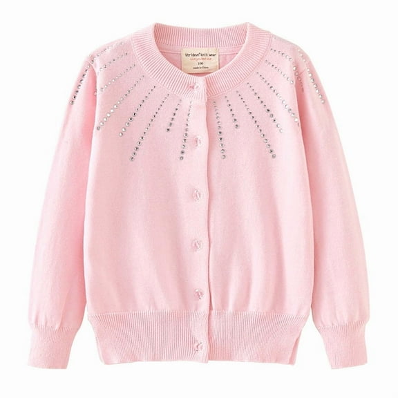 Girls' Rhinestone Knit Cardigan Round Neck Cotton Sweater Jacket