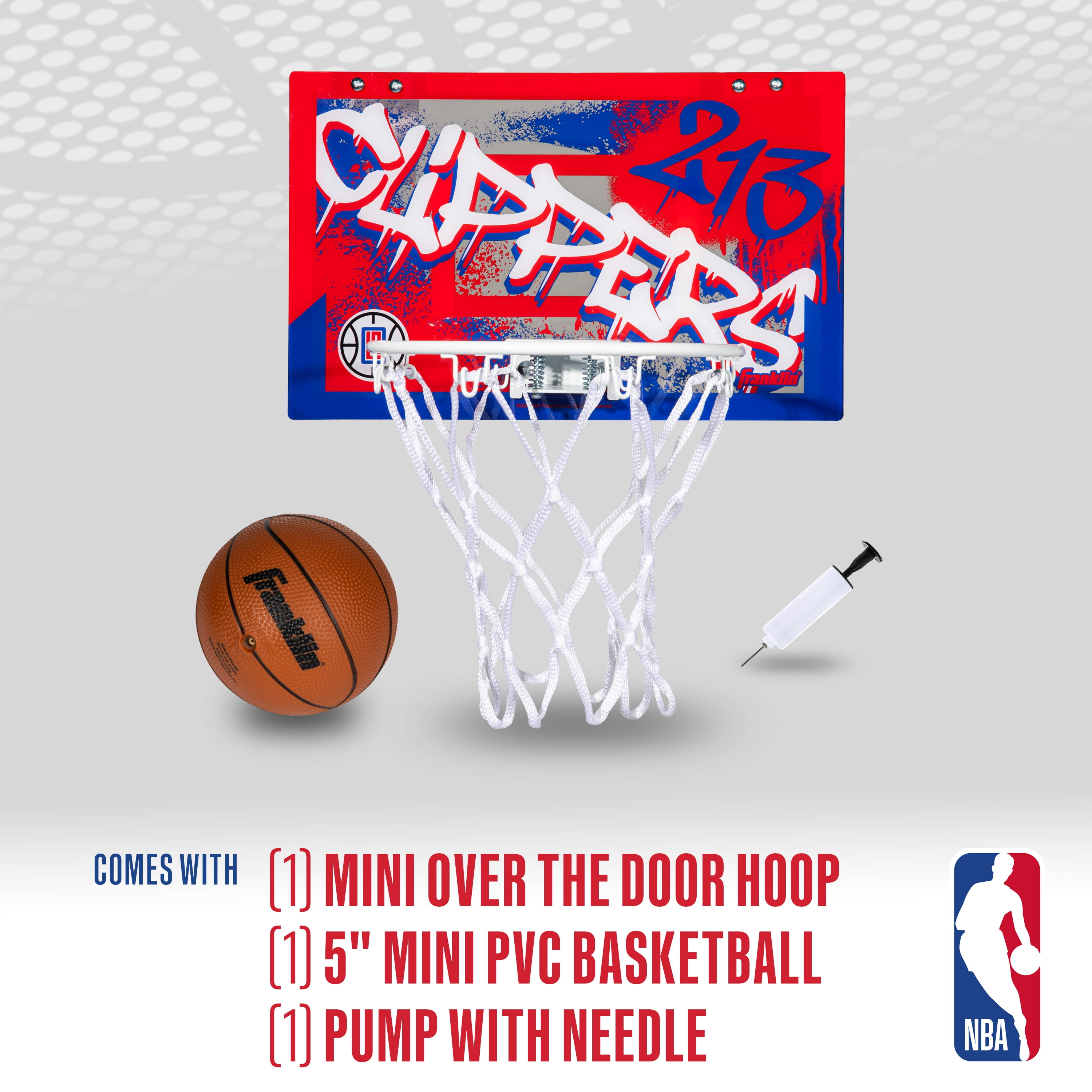 Franklin Sports NBA Los Angeles Clippers Over the Door Basketball Hoop - Kids Indoor Basketball Hoop with Mini Basketball - NBA Fan Shop Mini Hoop for Bedroom + Office - Over the Door Mini Hoop Set