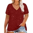 thumbnail image 5 of Sevevn Women's V-neck Center Hollow Fashionable Solid Color Plus Size Short Sleeved T-Shirt Red XL, 5 of 6