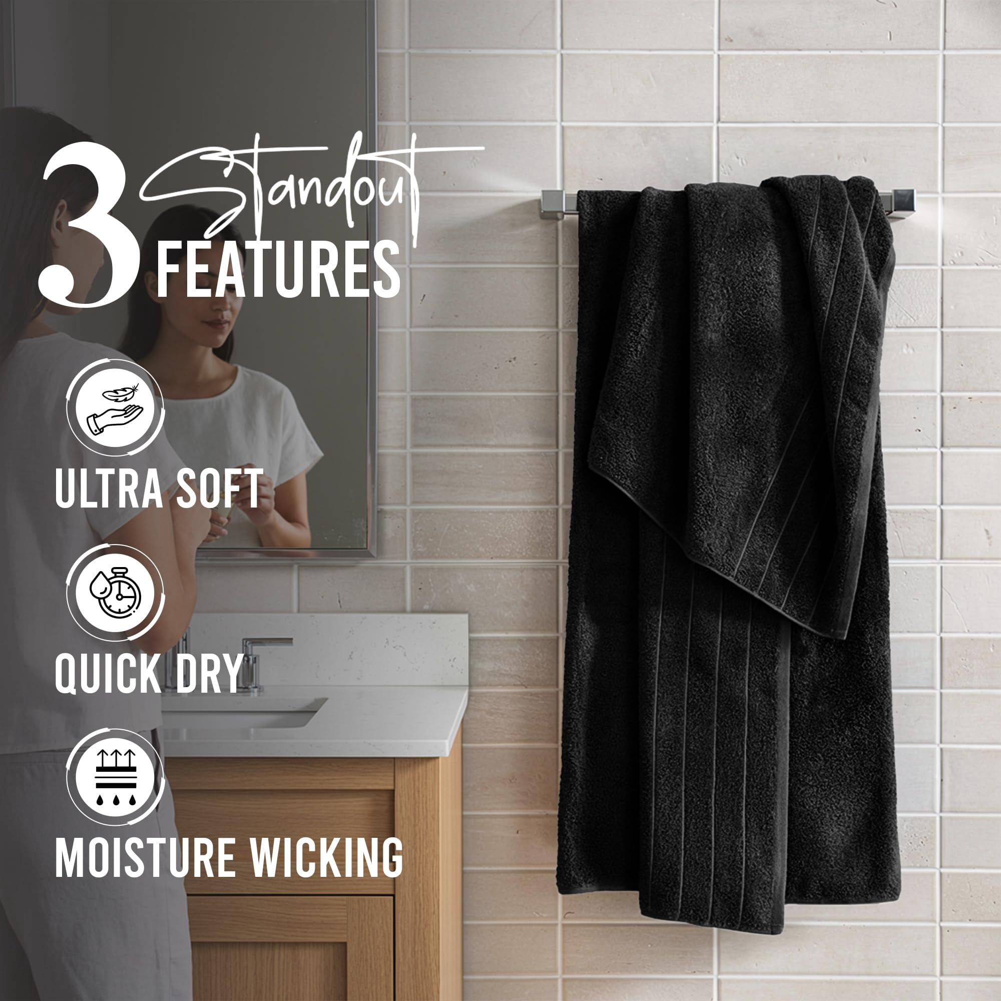 RIVERSIDE Bath Towel 4 Pack 30x60 Soft Cotton Quick Drying Large Towels for Bathroom - Black