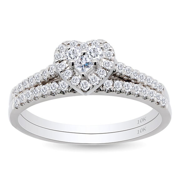 AFFY Princess & Round Cut White Natural Diamond Heart Bridal Ring Set In 10k White Gold (0.4 cttw) Ring Size-4