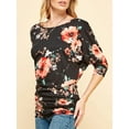 thumbnail image 2 of Made by Johnny Women's Boat Neck 3/4 Sleeve Draped Dolman Top with Side Shirring Premium Shirt L BLACK_FLORAL, 2 of 6