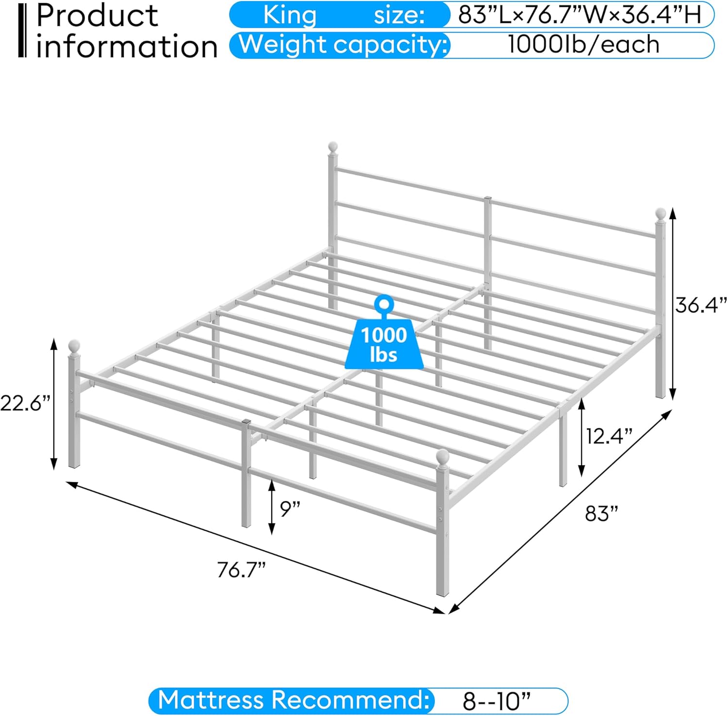 King Size Bed Frame with Headboard - Metal Platform Bed with LED Lights, Charging Station, Under Bed Storage and Heavy Duty Steel Slats Support - No Box Spring Needed, Easy Assembly, White