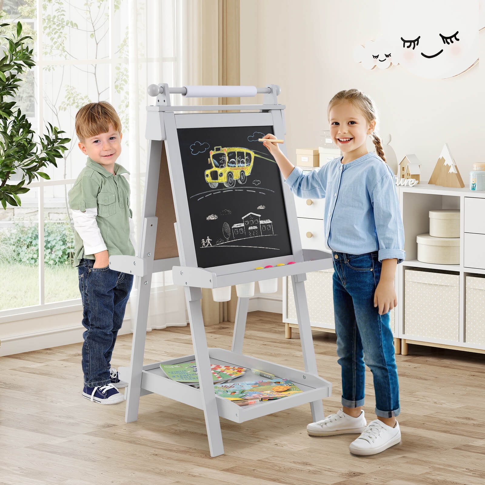 Costway Foldable Easel for Kids 3-in-1 Double-sided Art Easel with Chalkboard Green