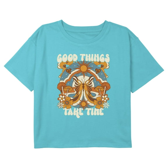 Girl's Lost Gods Good Things Take Time Boho Butterfly Graphic Cropped T-Shirt Blue Medium