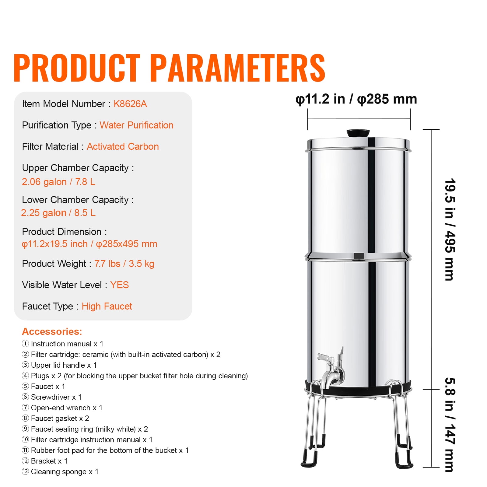KFFKFF Water Purification Unit, Gravity-Driven, 2.25G 304 Stainless-Steel Tabletop Water Cleaner, Minimizes Lead and up to 99% of Chlorine, Includes 2 Ceramic Carbon Filters, Faucet, and Support
