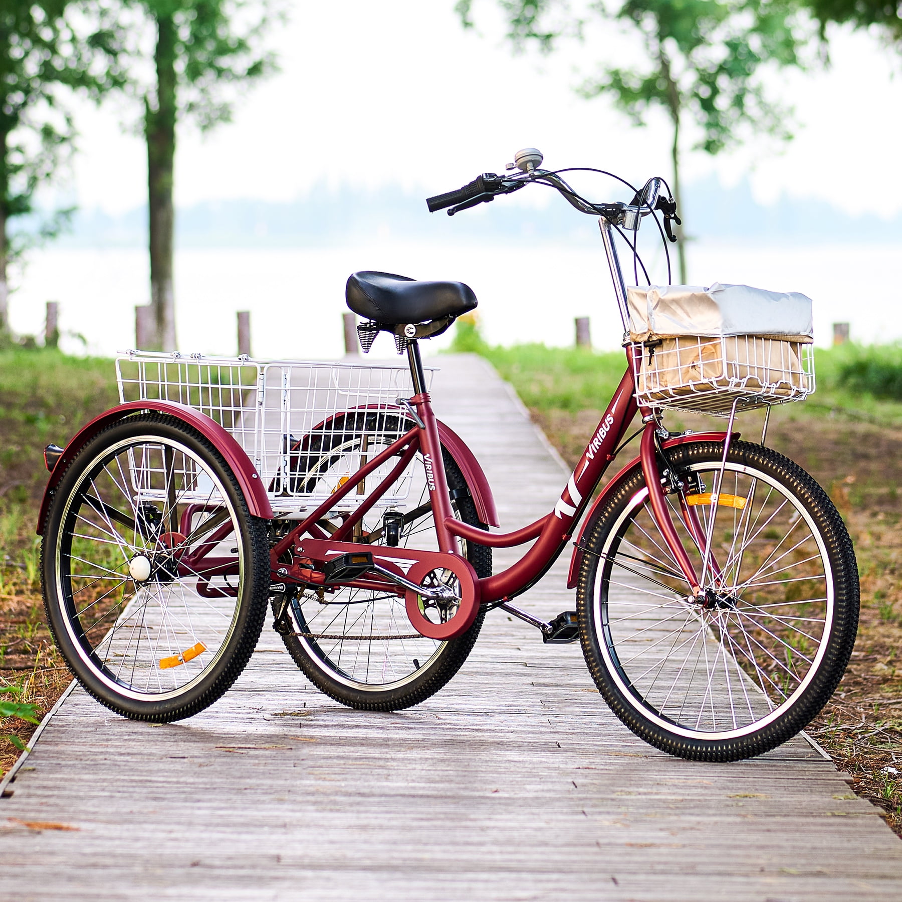 VIRIBUS Tricycle for Adults 26" 7 Speed Cruiser Bike with 2 Baskets