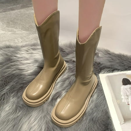 

ERTUTUYI Women Ankle Boots Thick Sole Internal Increase Low Heel Zipper Booties Khaki 40