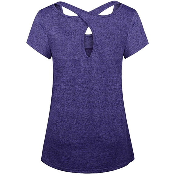 JYLPZYR Loose Fitting Tops for Women Woman Short Sleeve Round Neck Criss Cross Back Athletic Yoga Shirt Womens Tops(Purple,L)