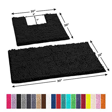 Black Bathroom Rug Set Chenille 2-Piece Bath Mat Set, Soft Plush Bath ...