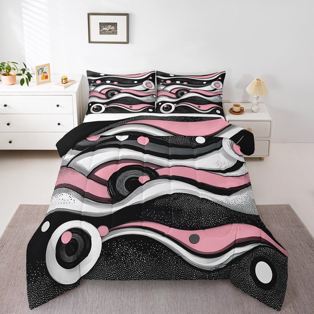 Erosebridal Pink Stripes Bedding King Comforter Set,Geometric Circle Bedding Sets King with Comforter,Lightweight Reversible Comforter Sets King Size,Abstract Artwork Decoration,3pcs